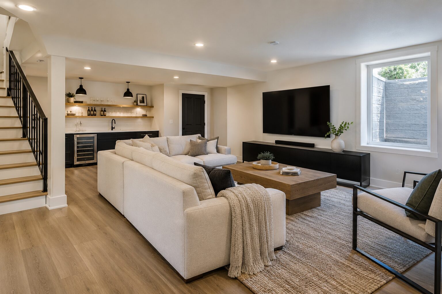Finished basement with media lounge and wet bar