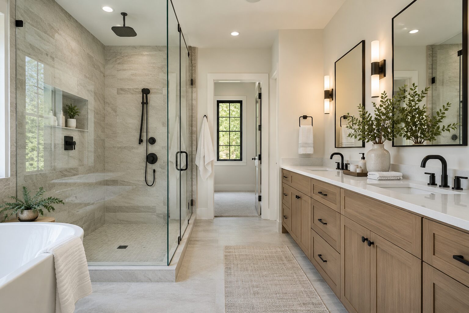 Remodeled bathroom with walk-in shower and double vanity