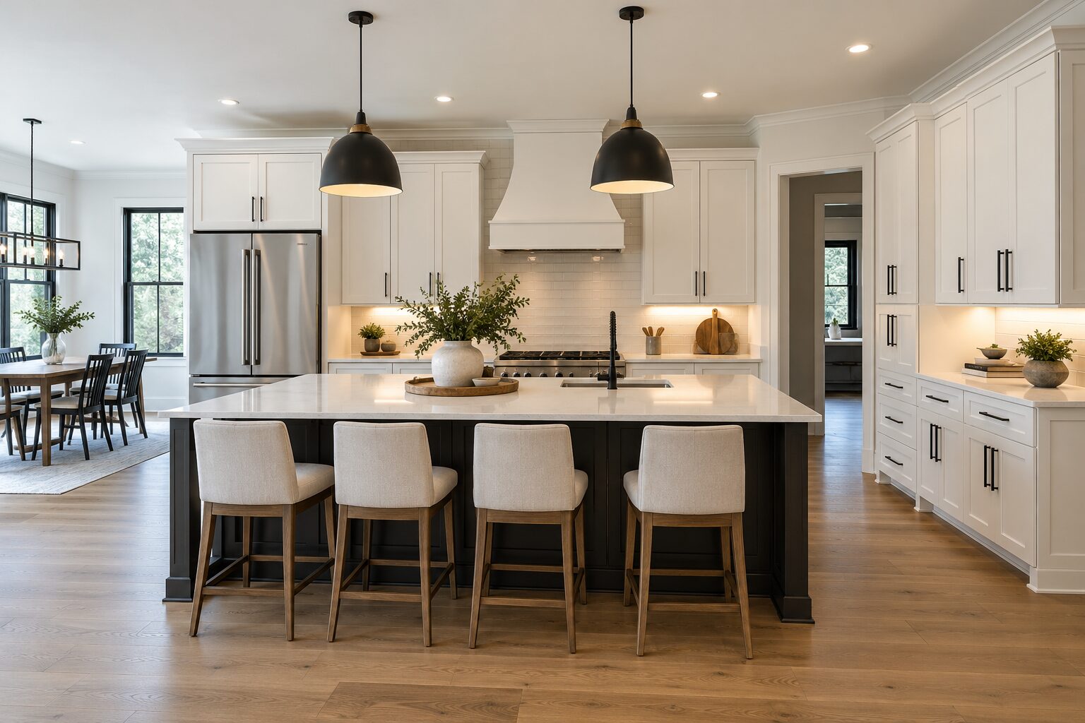 Remodeled white kitchen with black island and warm wood flooring