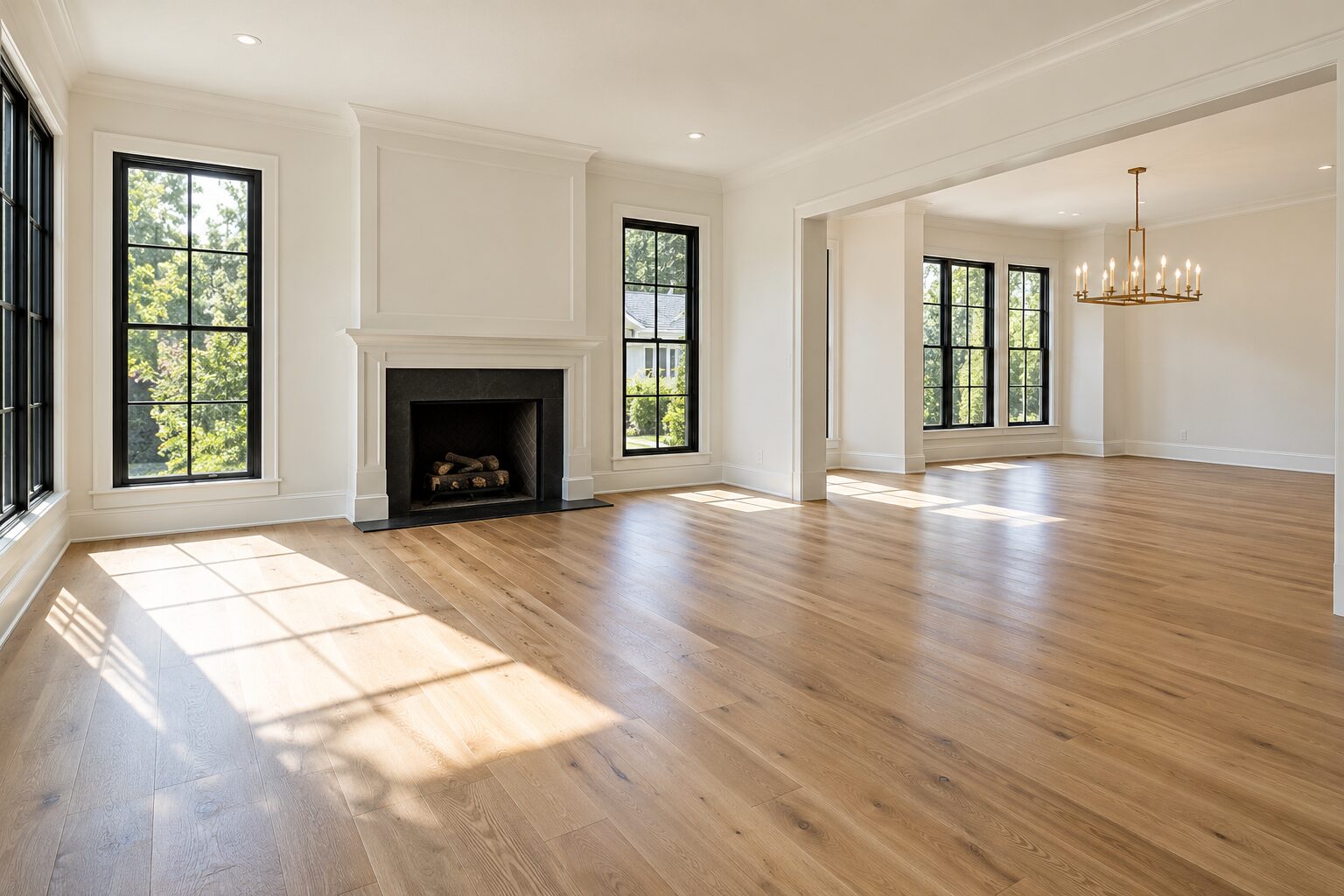 Freshly painted living room with new natural wood flooring